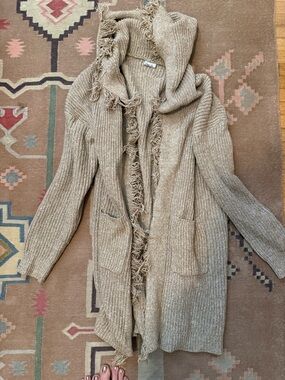 Cozy Casual Hooded Fringe Open-Front Cardigan - Tan